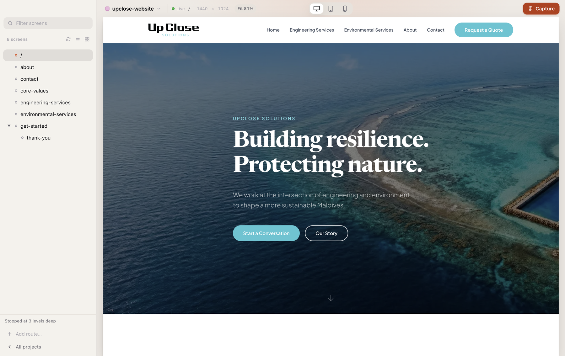 Decal showing a Laravel project's eight screens, with the site rendering live at desktop width